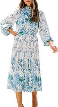 Women's Floral Chiffon Midi Dress Puff Long Sleeve - Elegant Flowy
