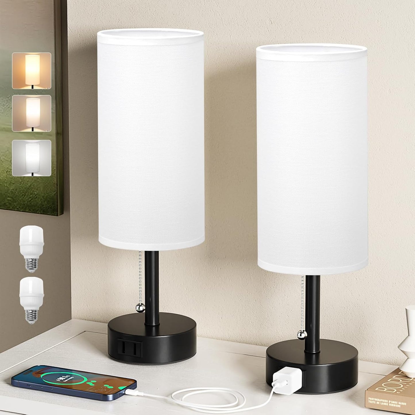Fenmzee Bedside Table Lamps Set of 2 with AC Outlet and Bulbs