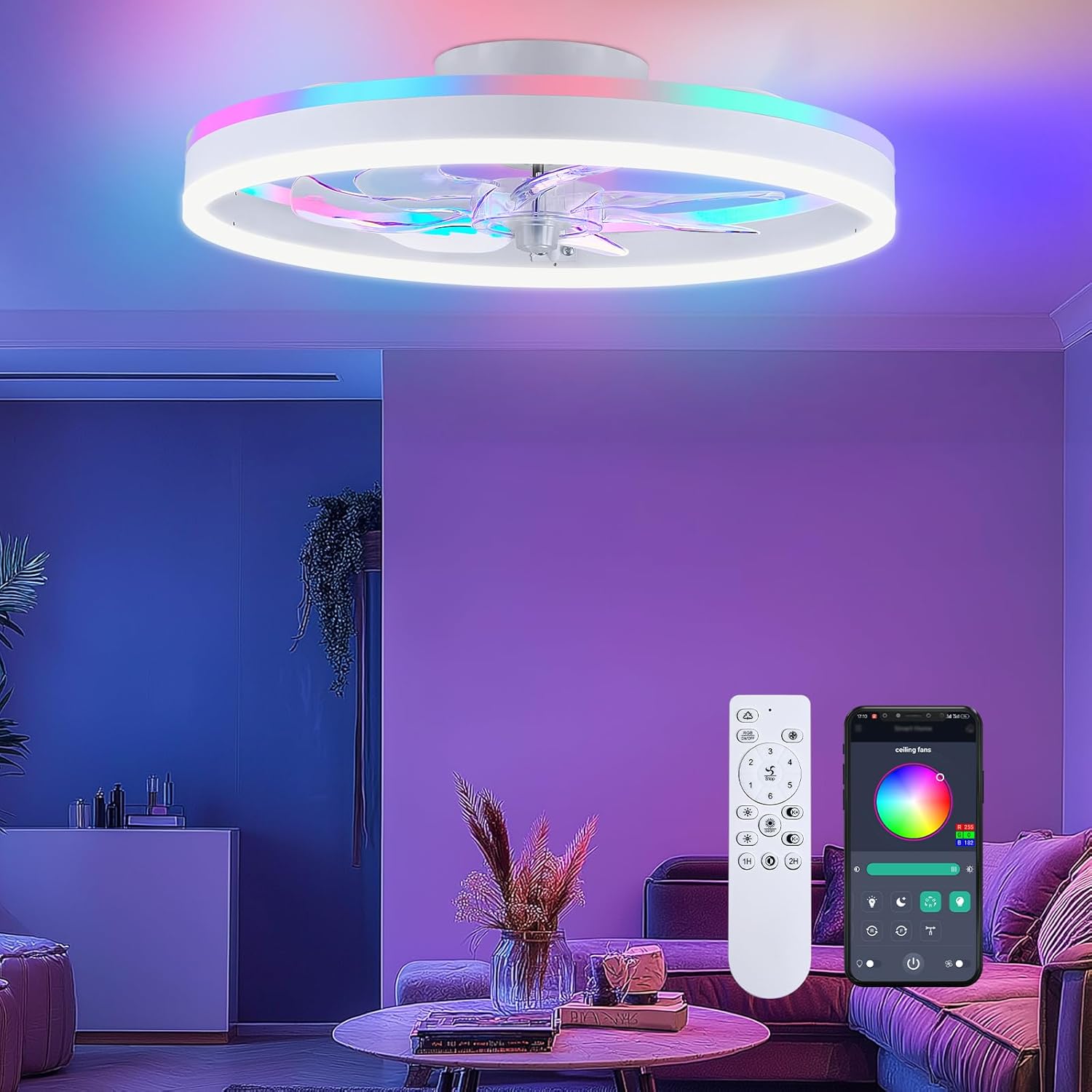 RGB Ceiling Fan with Lights, Modern 20 in Fandelier Design