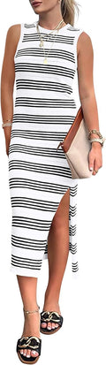 PRETTYGARDEN Summer Striped Hollow Out Midi Tank Dress - Flattering