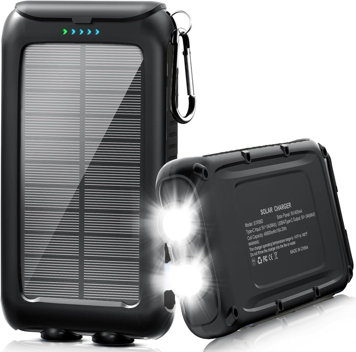 Portable Solar Charger Power Bank with LED Flashlight and Fast Charge