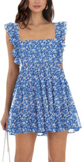 Womens Summer Square Neck Tie Back Ruffle Sleeve Tiered Mini Dress tea