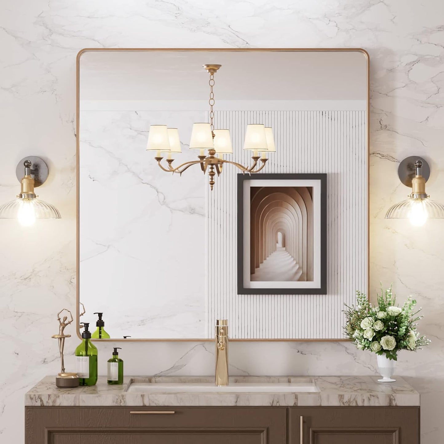 36X36 Gold Bathroom Mirror with Rounded Rectangle Frame Design