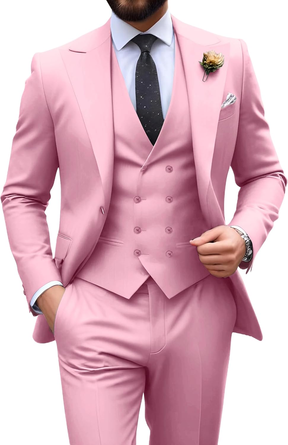 Mens Suit Slim Fit 3 Piece Double Breasted Tuxedo Set for Events