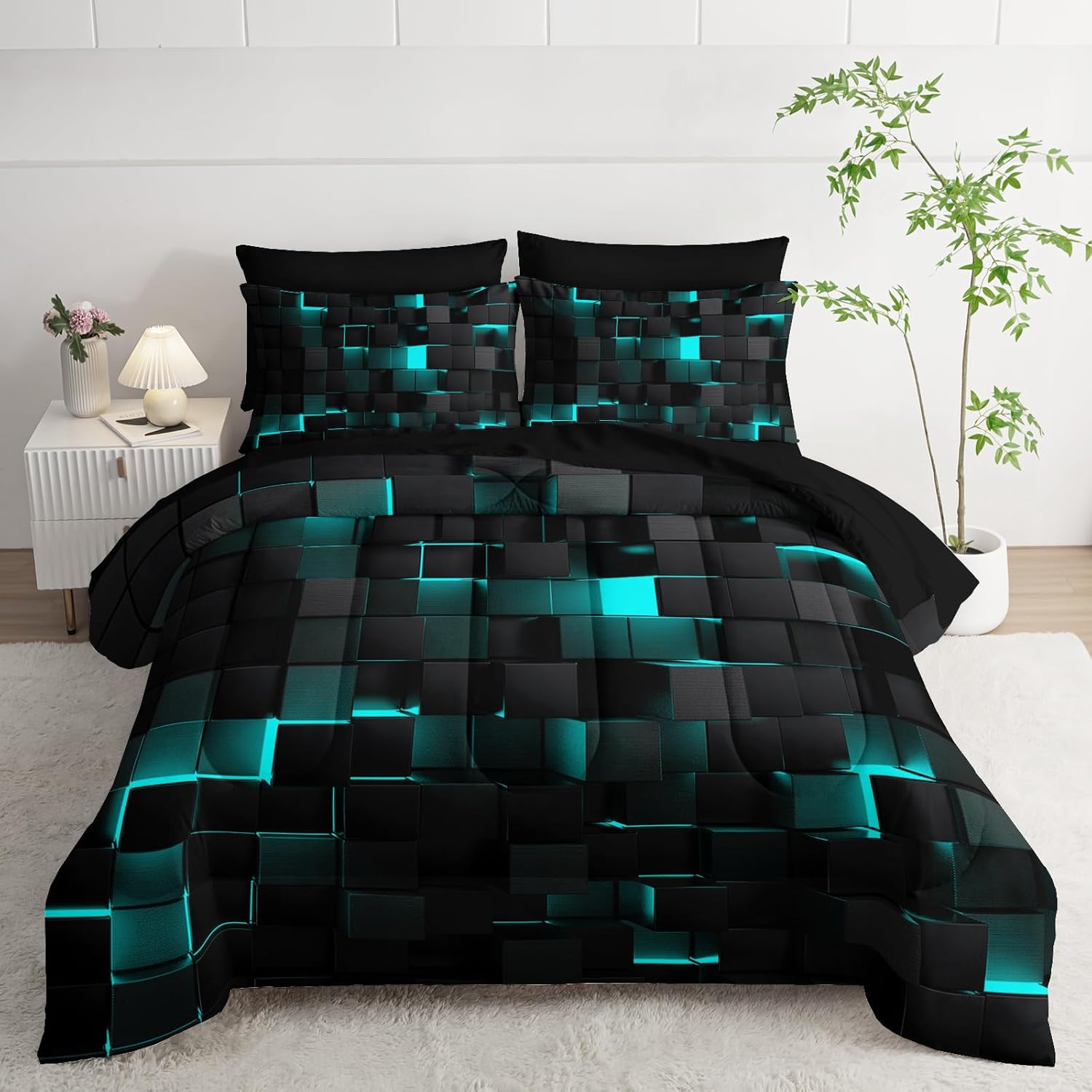 Geometric Turquoise Black King Comforter Set for Modern Decor