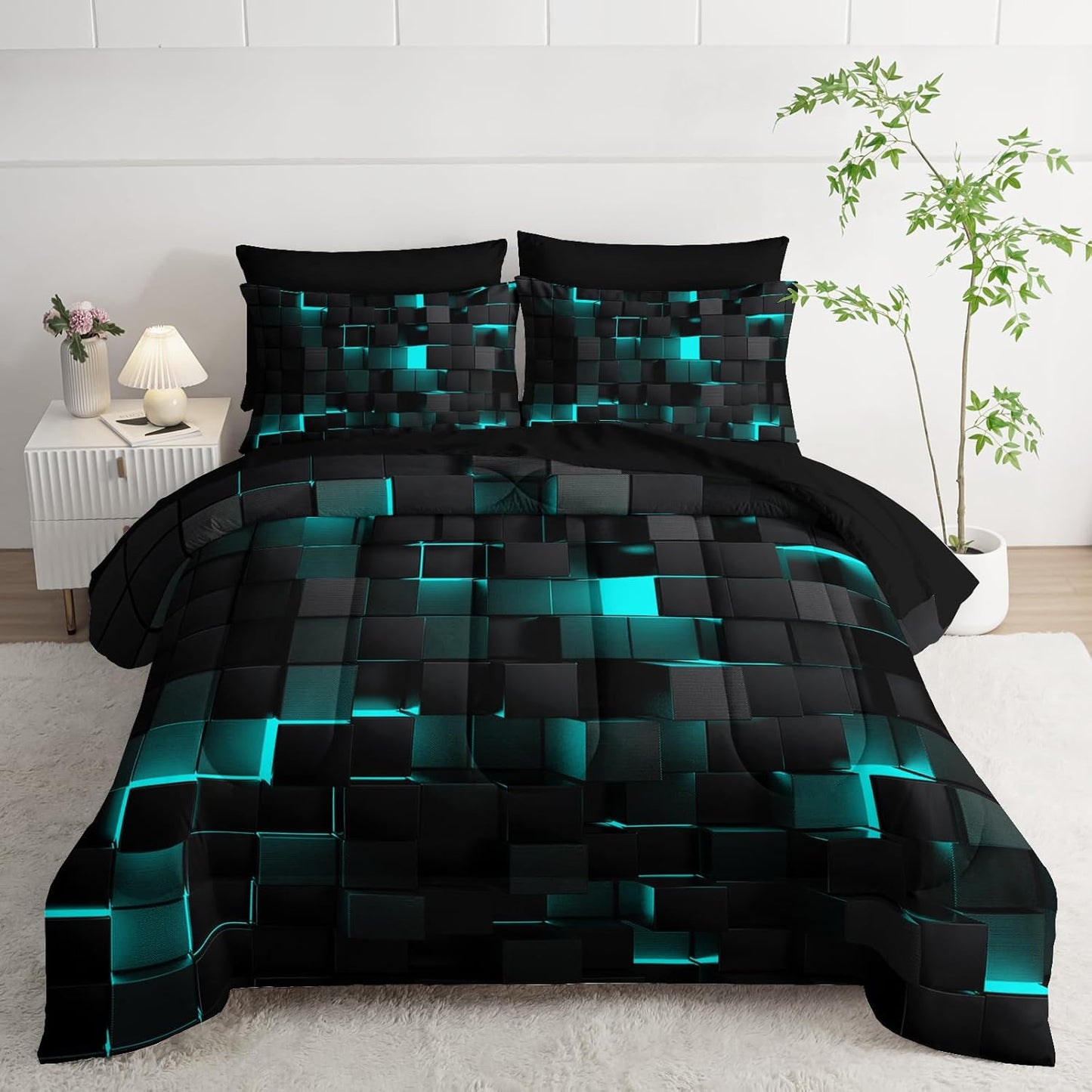 Geometric Turquoise Black Full Comforter Set for Modern Decor