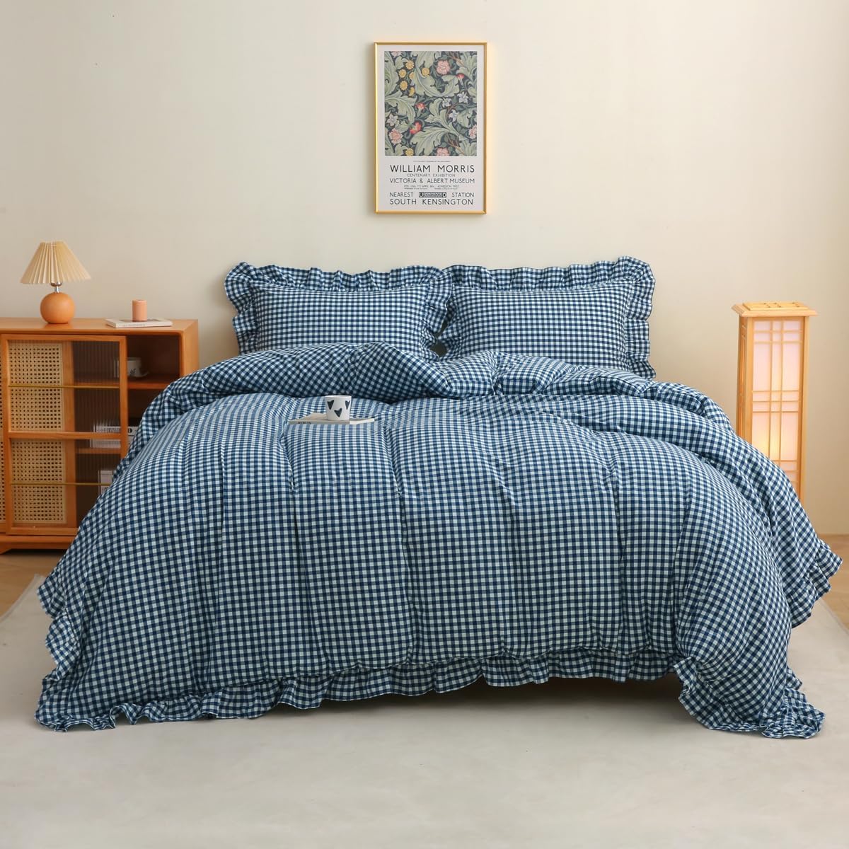 Navy Blue White Plaid Ruffle 3-Piece Duvet Cover Set King Size