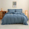 Navy Blue White Plaid Ruffle 3-Piece Queen Duvet Cover Set - Vintage