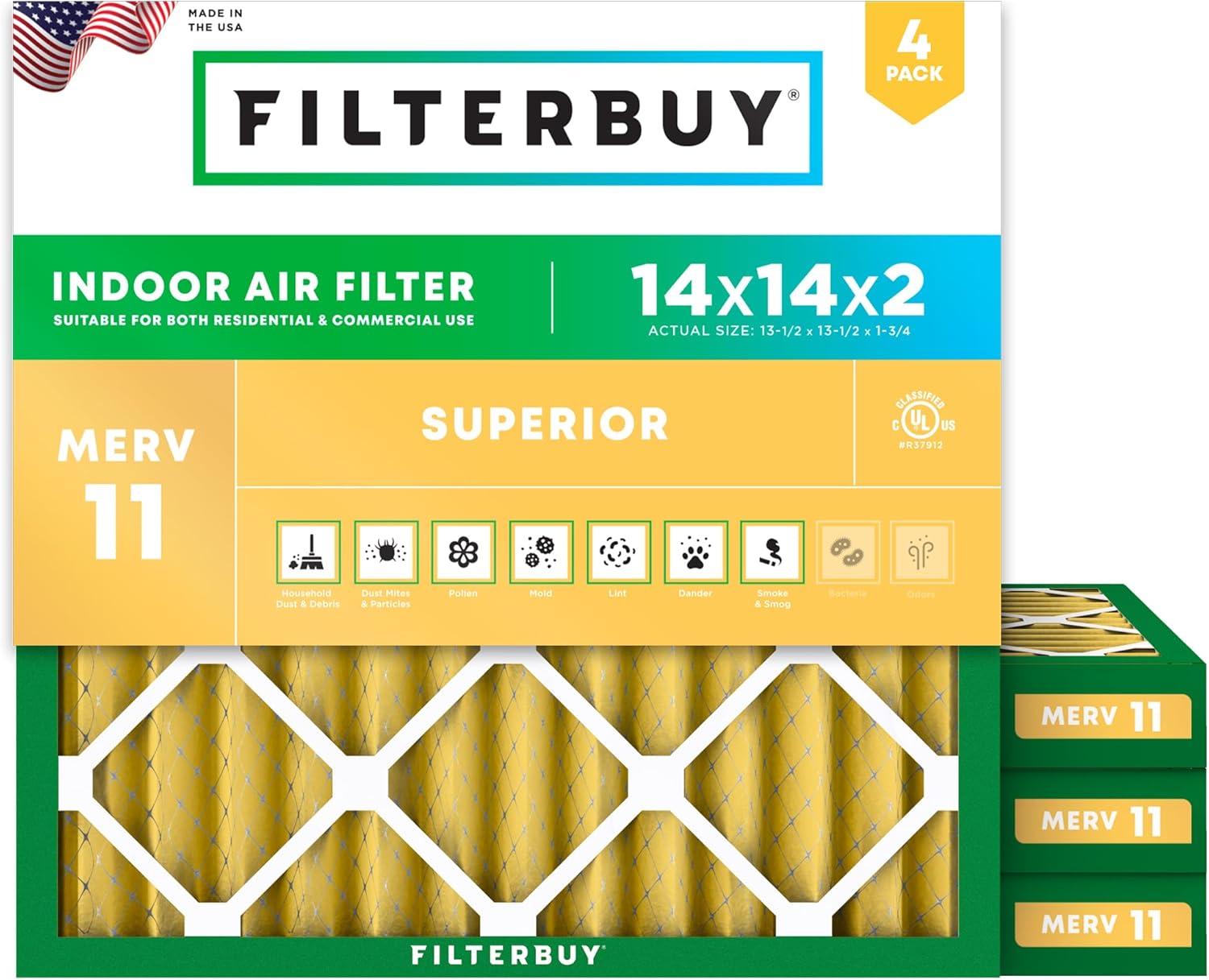 Filterbuy 14x14x2 Air Filter MERV 11 for Pet & Allergy Defense