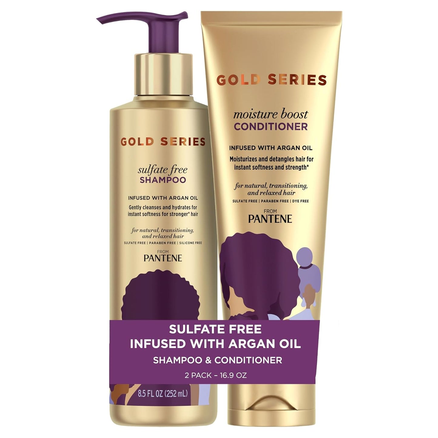 Pantene Gold Series Kit, Nourishing Argan Oil, Sulfate-Free, Curly Hair Care, 16.9 fl oz
