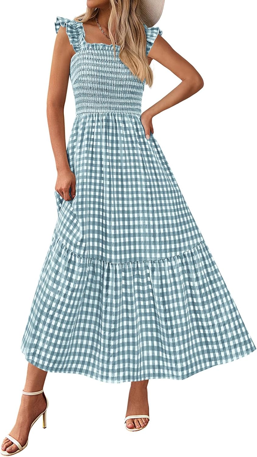 PRETTYGARDEN Womens Summer Dress Casual Square Neck Ruffle Strap