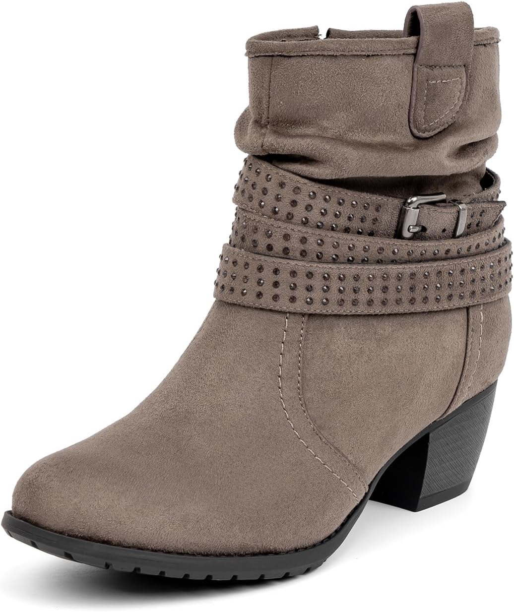 Women's Mid Calf Boots with Comfort Low Heel and Jeweled Strap