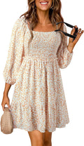 Boho Floral Square Neck Smocked Mini Dress - Flattering A-Line Fit