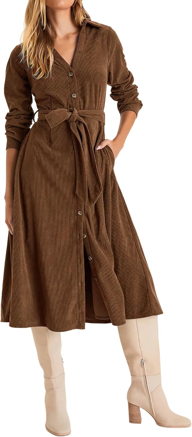 R.Vivimos Womens Fall Winter Corduroy Midi Dress for Style