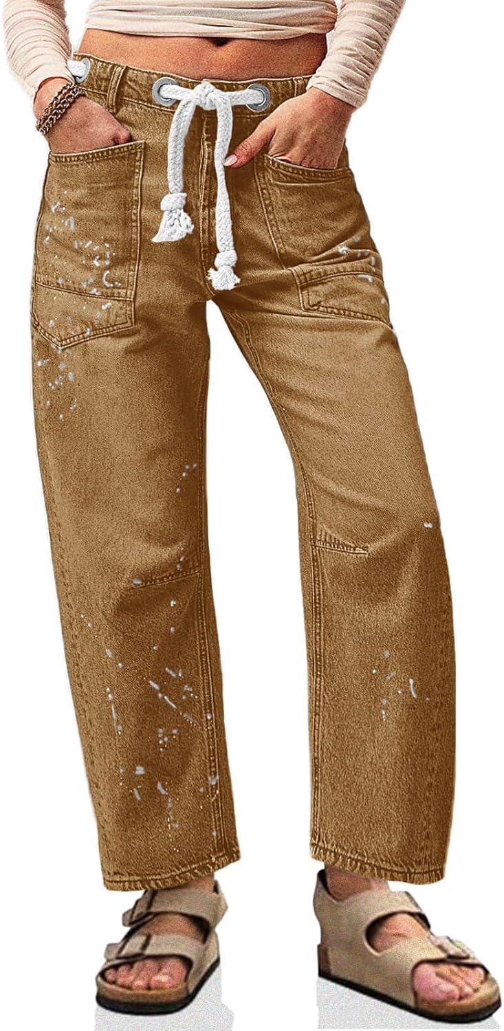 Cicy Bell Womens Baggy Barrel Jeans with Drawstring and Pockets
