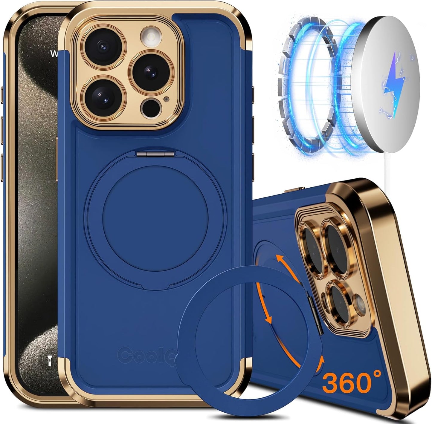 COOLQO iPhone 15 Pro Max Case with 360 Spin Magnetic Stand