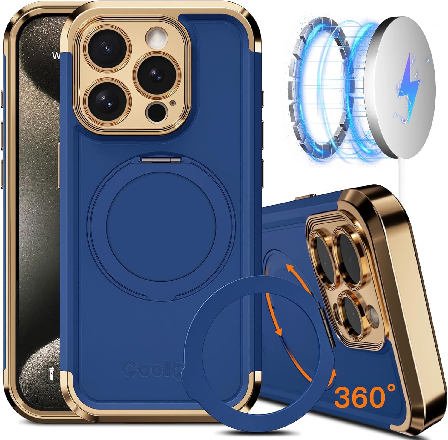 COOLQO iPhone 15 Pro Max Case with 360 Spin Magnetic Stand