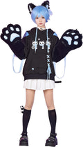 Womens Pullover Hoodie with Detachable Bag Furry Paw Gloves - Cute