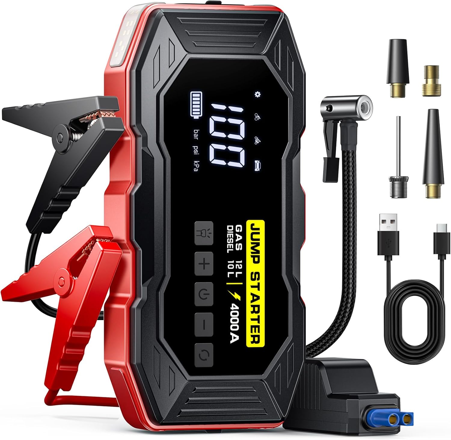 Portable Car Battery Jump Starter with Air Compressor and More