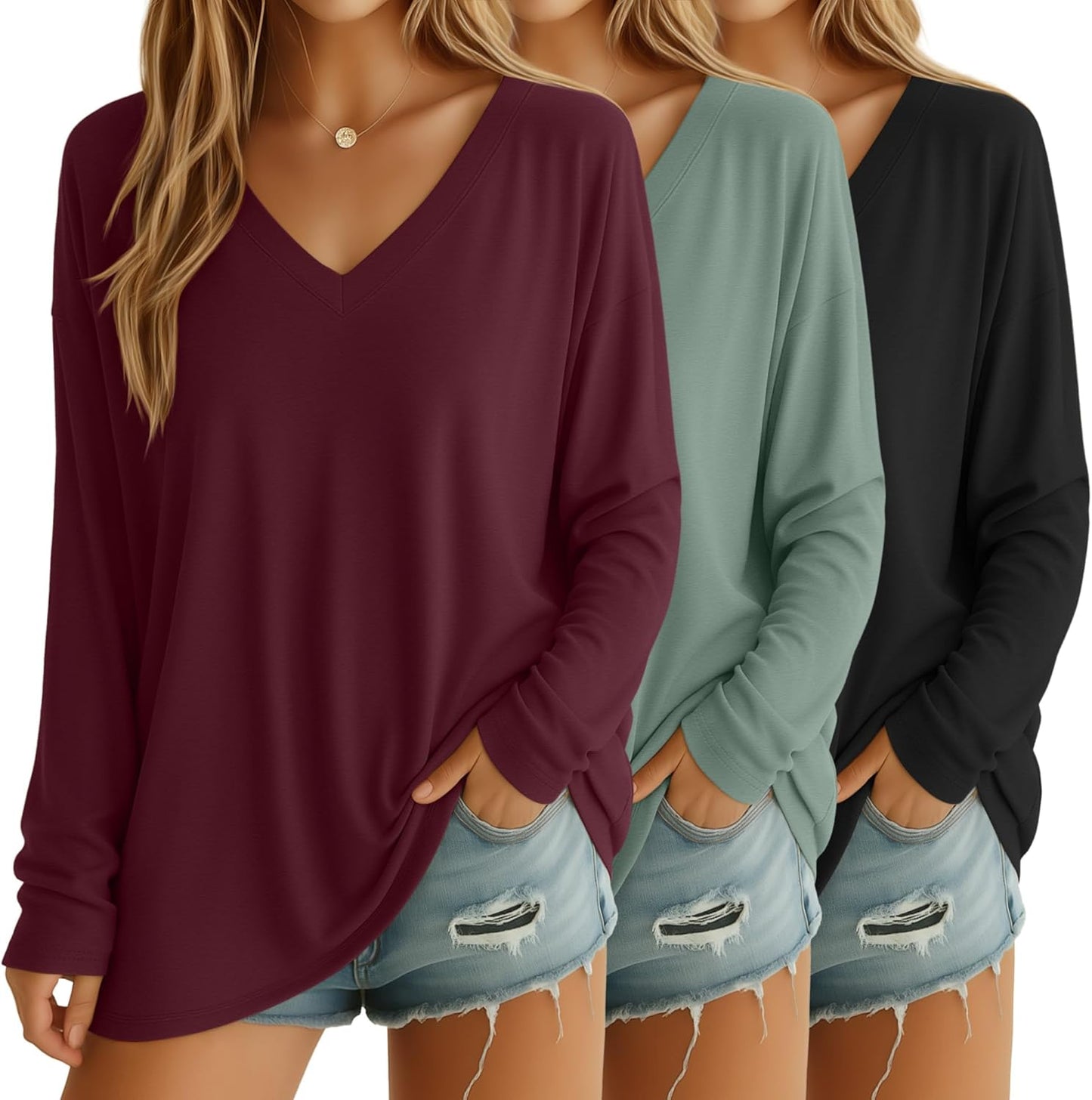 3 Pack Womens Oversized T Shirts Long Sleeve V Neck Cotton Tops
