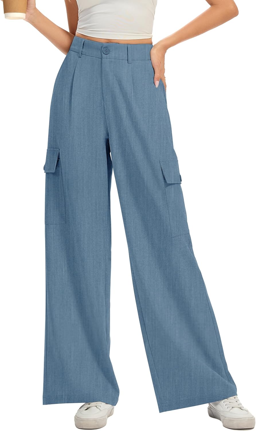 FUNYYZO Women's Loose Pleated Front Long Wide Leg Trousers