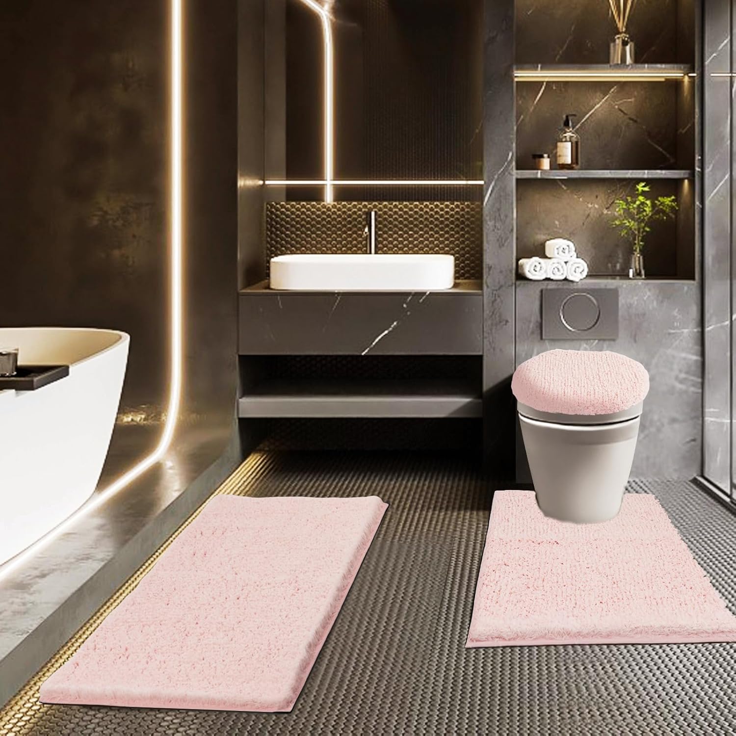 Bathroom Rugs Sets 3 Piece with Adjustable Toilet Seat Cover