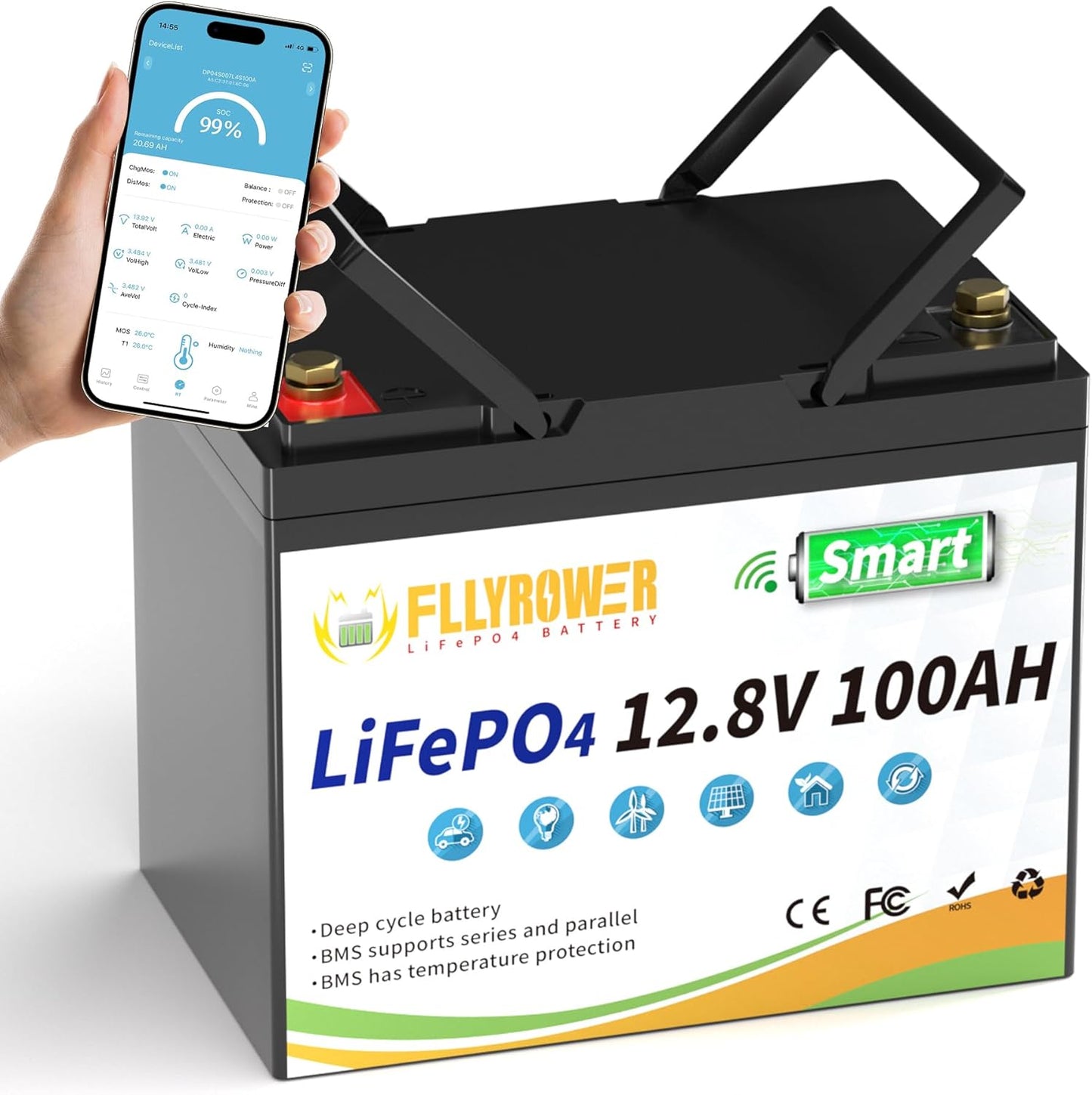 FLYROWER 12V 100AH Lithium Battery with Smart BMS for Off-Grid