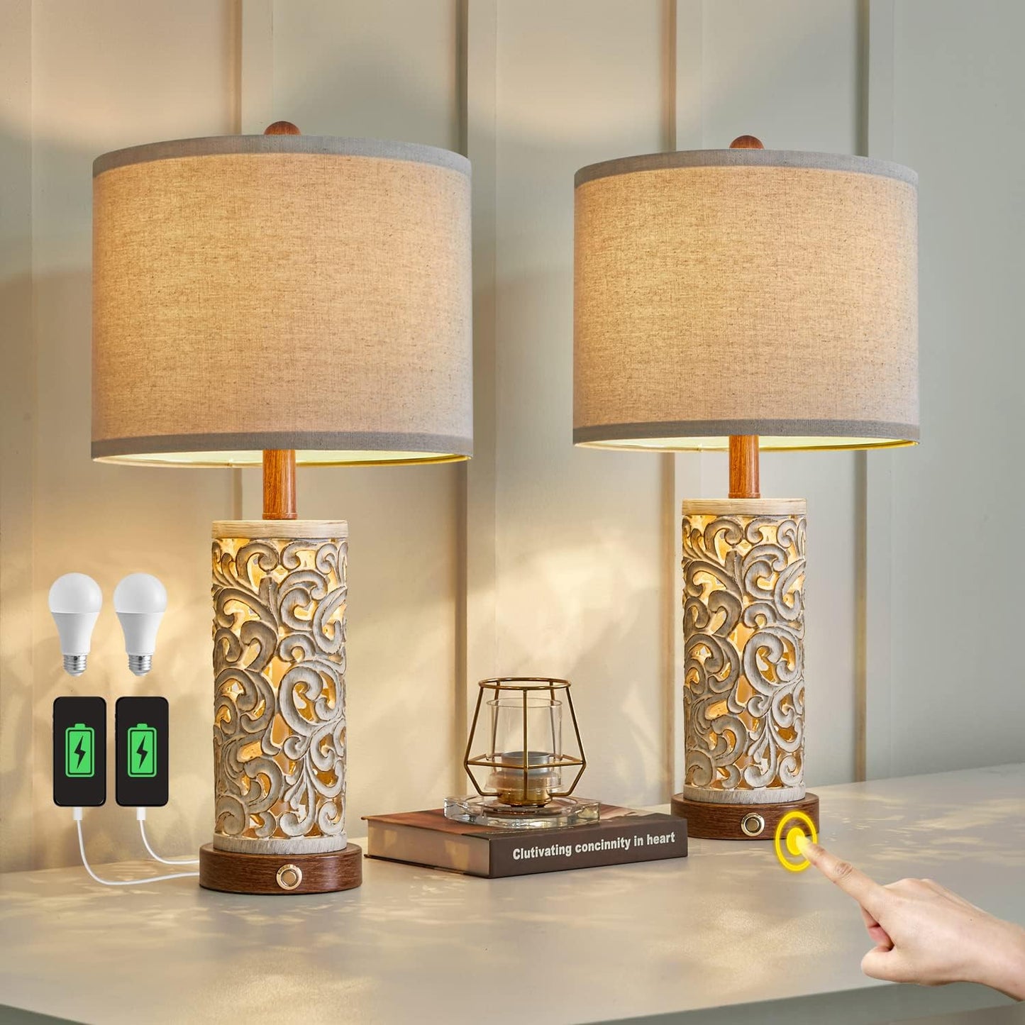 3-Way Dimmable Touch Control Table Lamp Set of 2 for Home