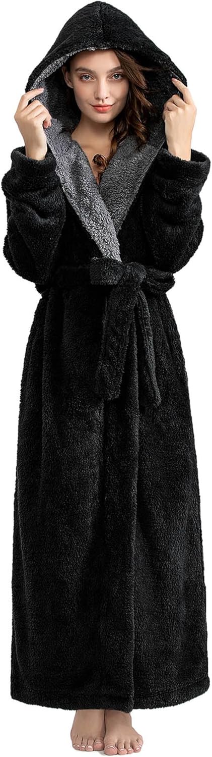 Luxurious Flannel Fleece Long Hooded Robe for Women Comfort