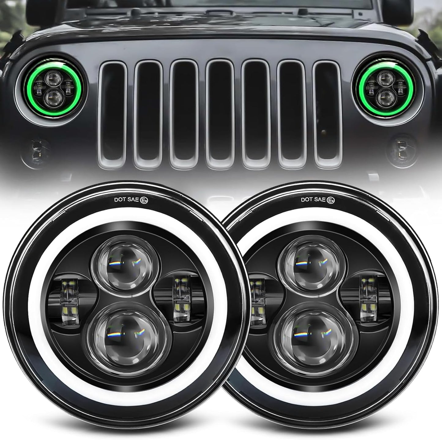 ZIMABLUE 7 Inch LED Headlights with Green Halo for Jeep & More
