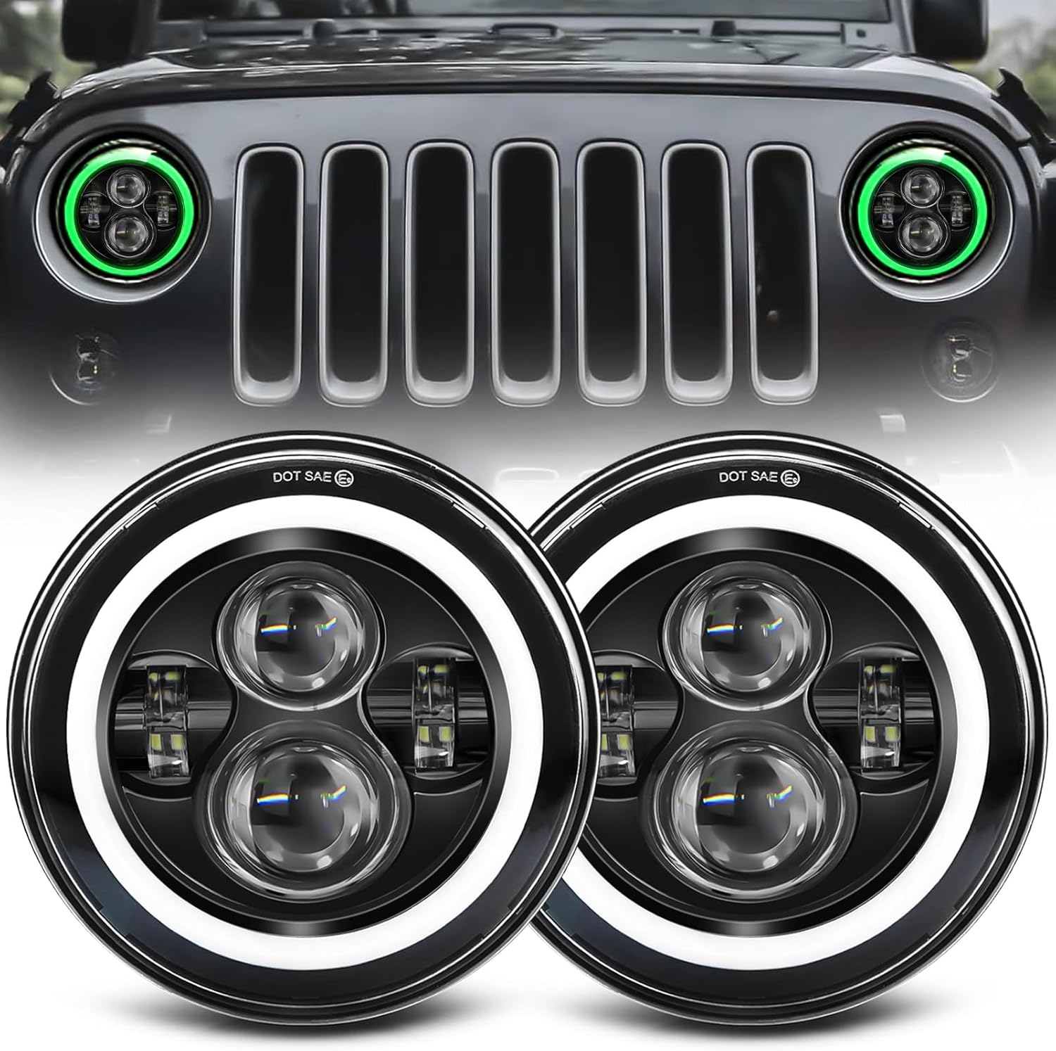 ZIMABLUE 7 Inch LED Headlights with Green Halo for Jeep & More