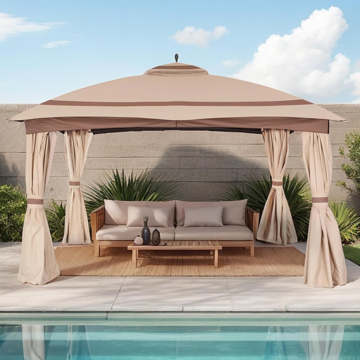 11x13ft Gazebo for Patio with Curtains and Sandbags for Comfort