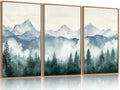Blue Mountain Wall Art Set Framed - Green Foggy Forest 3 Panel