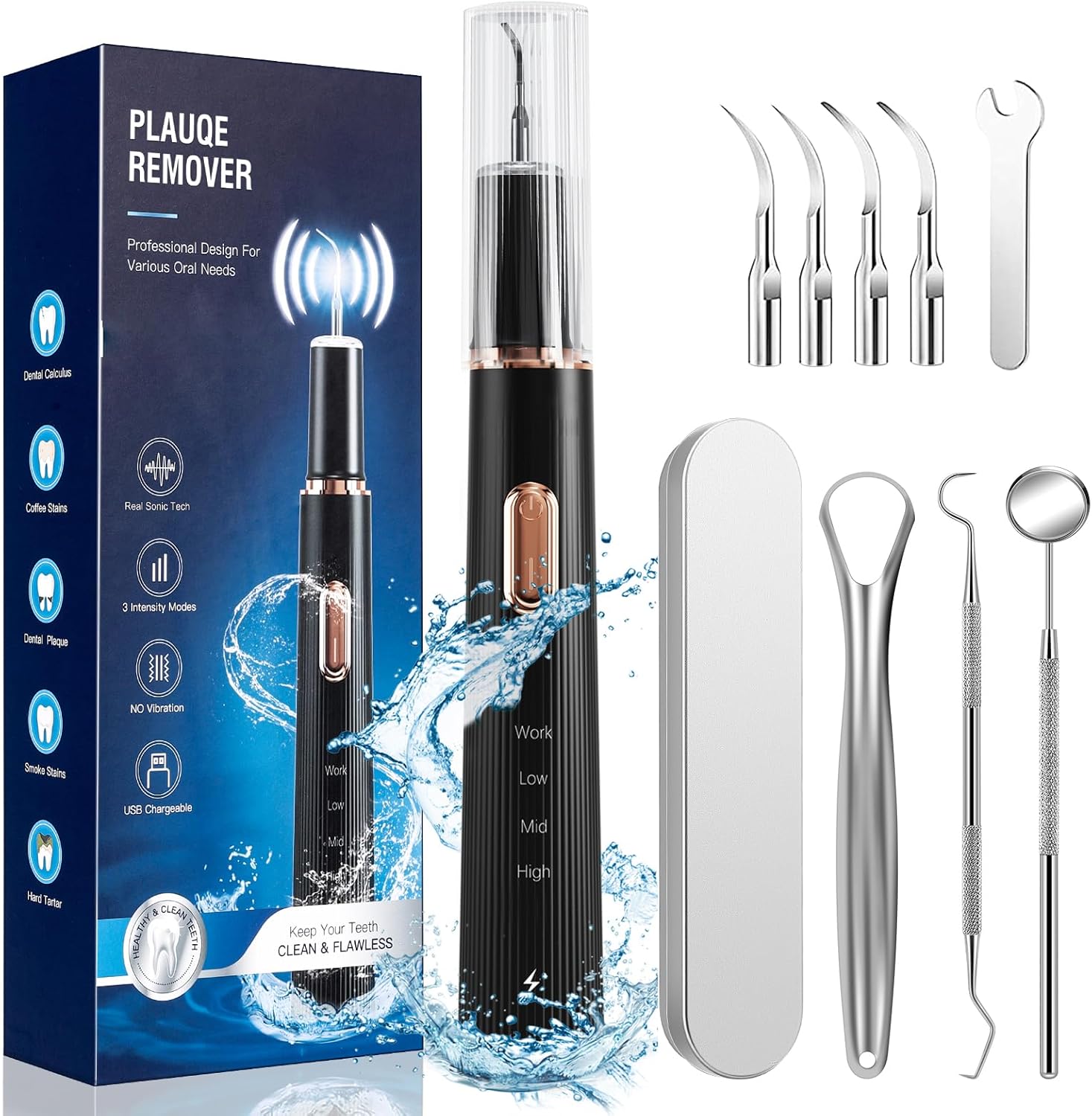 Plaque Remover for Teeth Cleaning with 4 Heads & 3 Modes