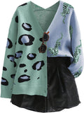 Women's Leopard Tiger Print Cardigan V Neck - Soft Color Block Sweater