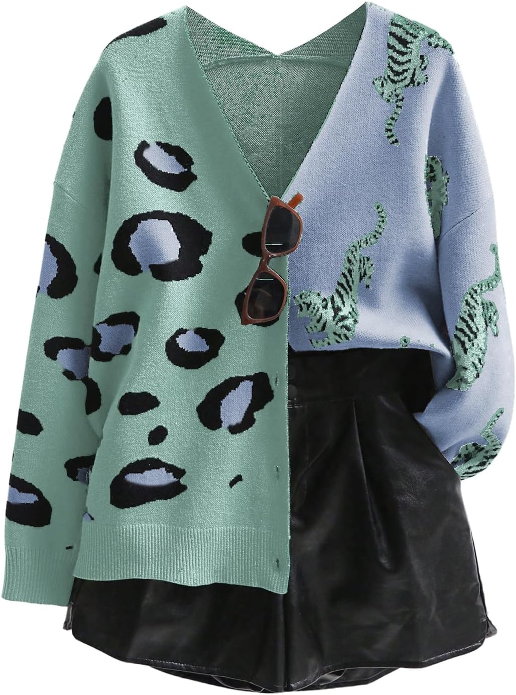 Leopard Tiger Print Cardigan V Neck Long Sleeve Sweater Outwear