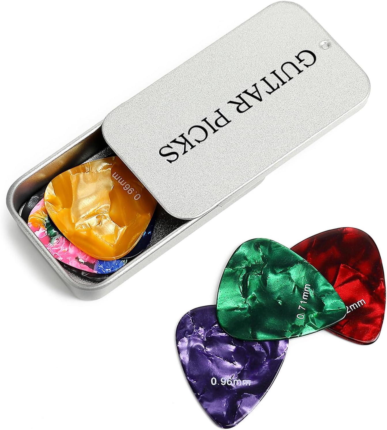 15-pack Celluloid Guitar Picks + Metal Box, Variety Thicknesses - Play with Precision!