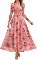 Women's Maxi Dress Long Sleeve Floral Mesh Ruched - Fall 2025
