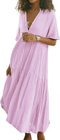 Womens Summer Cotton Flowy Maxi Dress V Neck Empire Waist - Boho Style