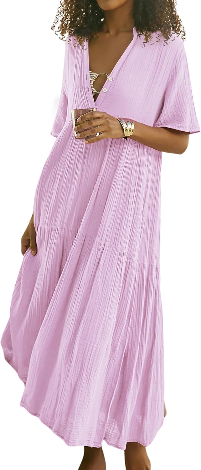 Womens Summer Cotton Flowy Maxi Dress for Casual Style