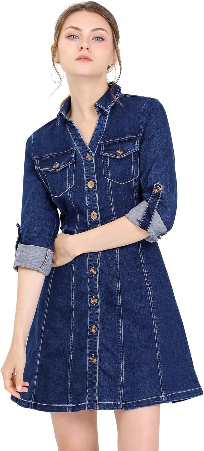 Allegra K Women's Denim Dress - Stylish A-Line V Neck Design