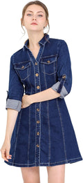 Women's Denim Dress Button Down V Neck - Cotton Blend A-line