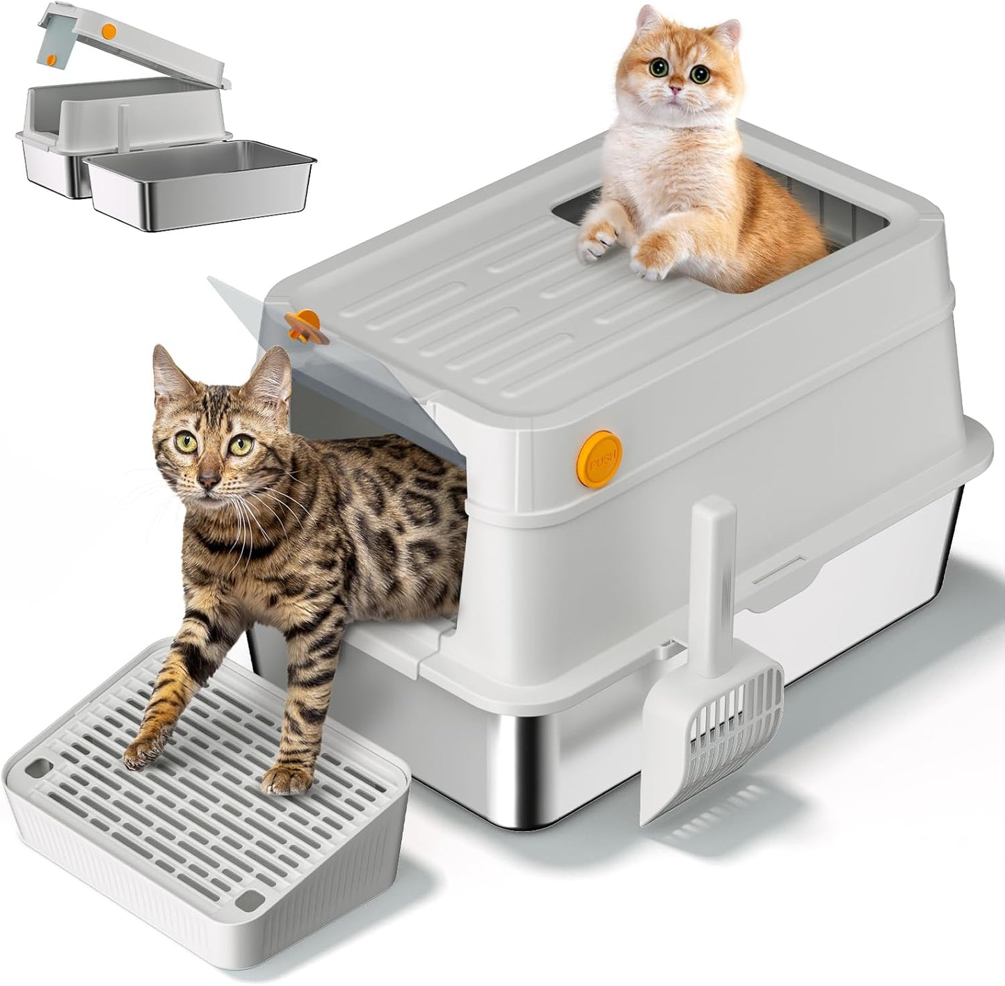 XL Stainless Steel Cat Litter Box with Easy-Open Lid for Big Cats