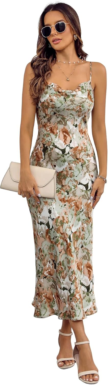 Elegant Women's Spaghetti Strap Midi Satin Silk Dress for Parties