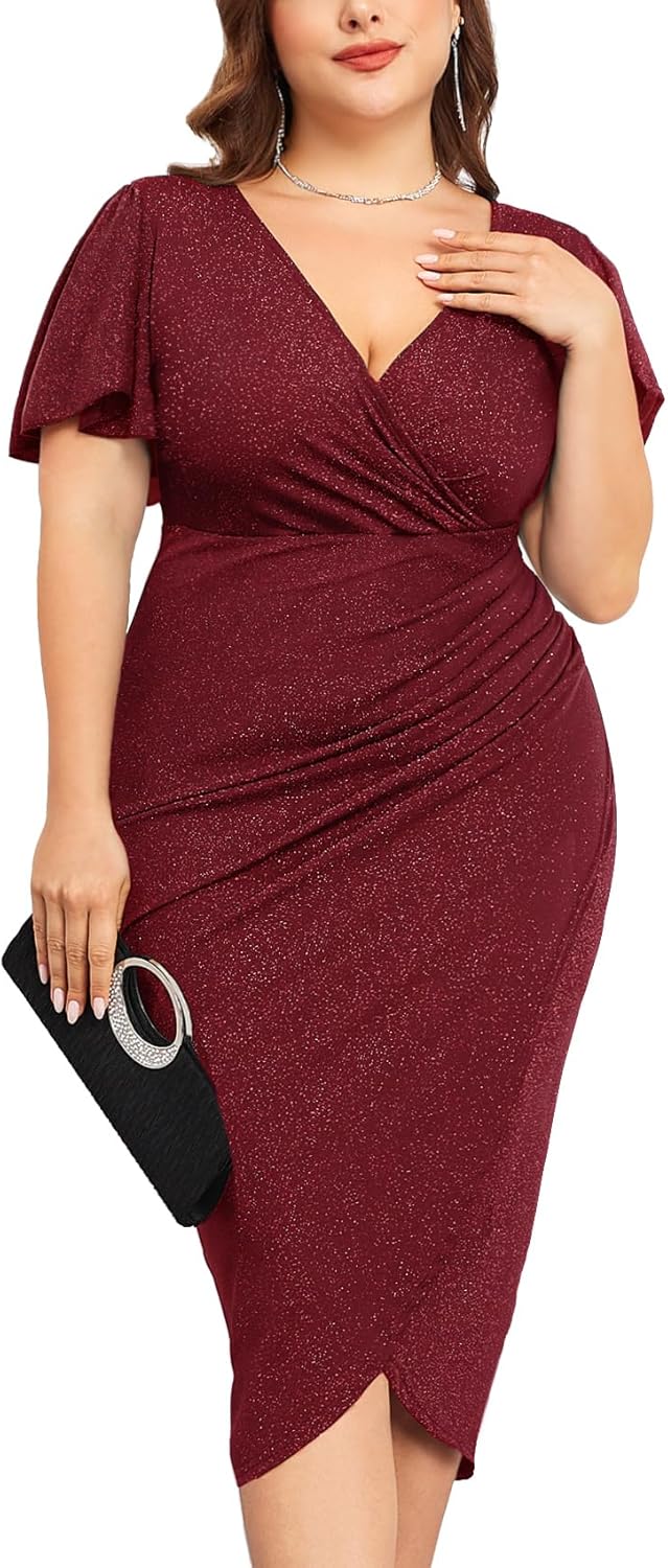 Plus Size Sparkly Glitter Ruched Bodycon Midi Dress for Parties