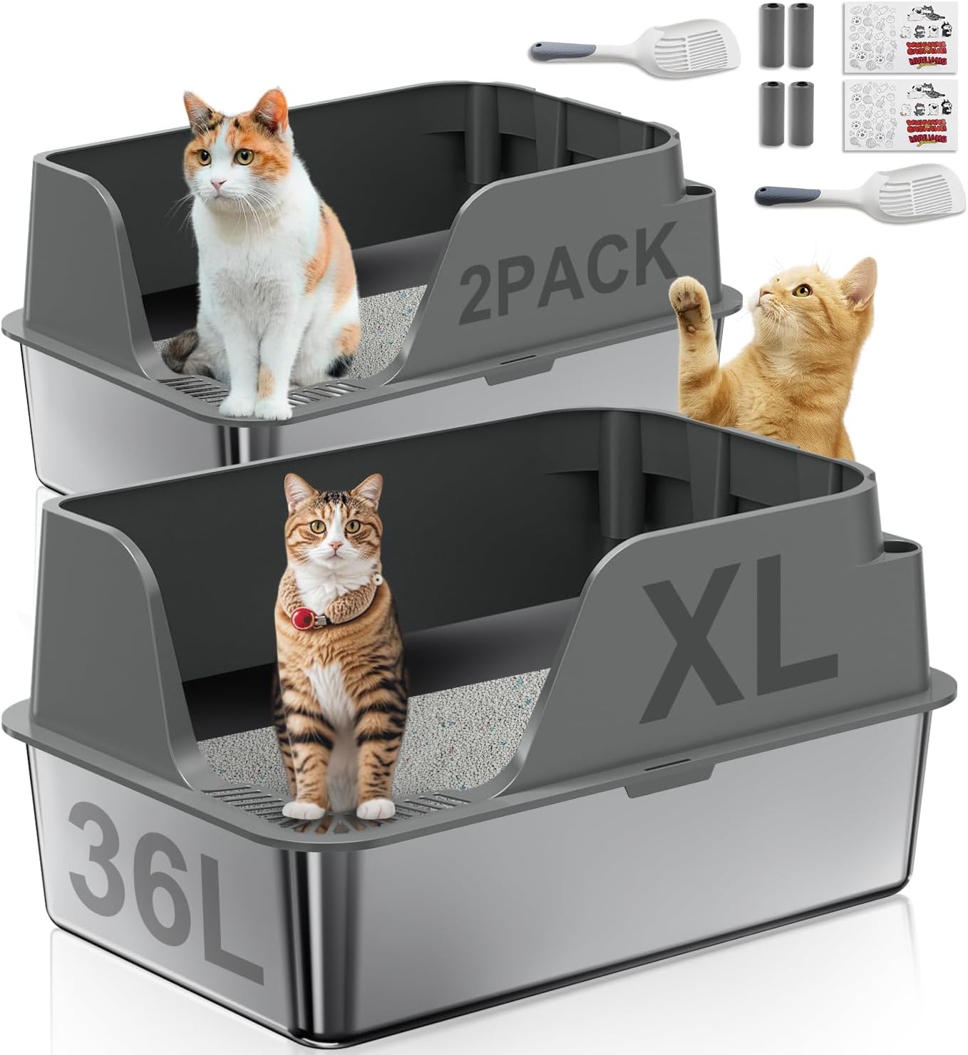 Extra Large Stainless Steel Cat Litter Box with Lid - 2 Pack