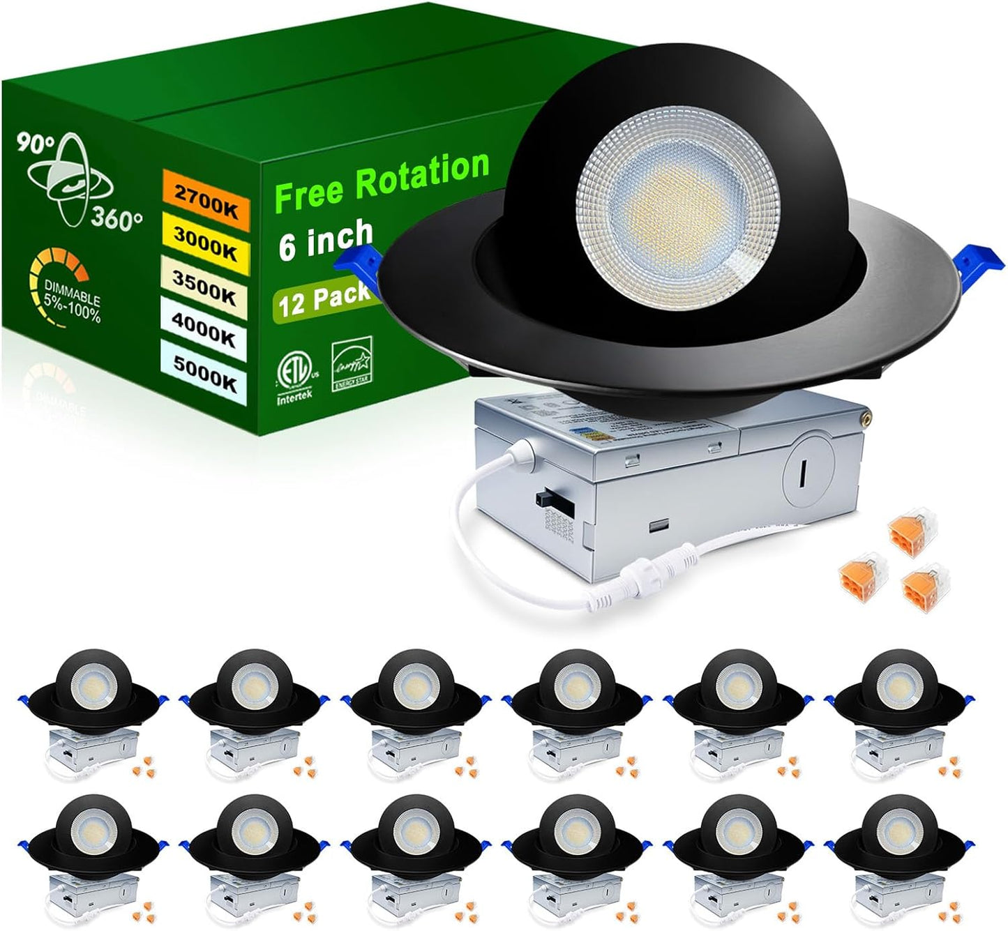 5CCT LED Gimbal Recessed Light with Junction Box - 12 Pack
