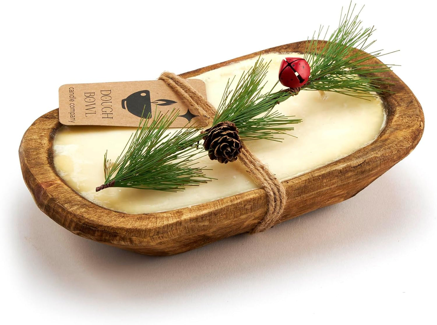 Christmas Tree Soy Candle in Rustic Wooden Dough Bowl Decor