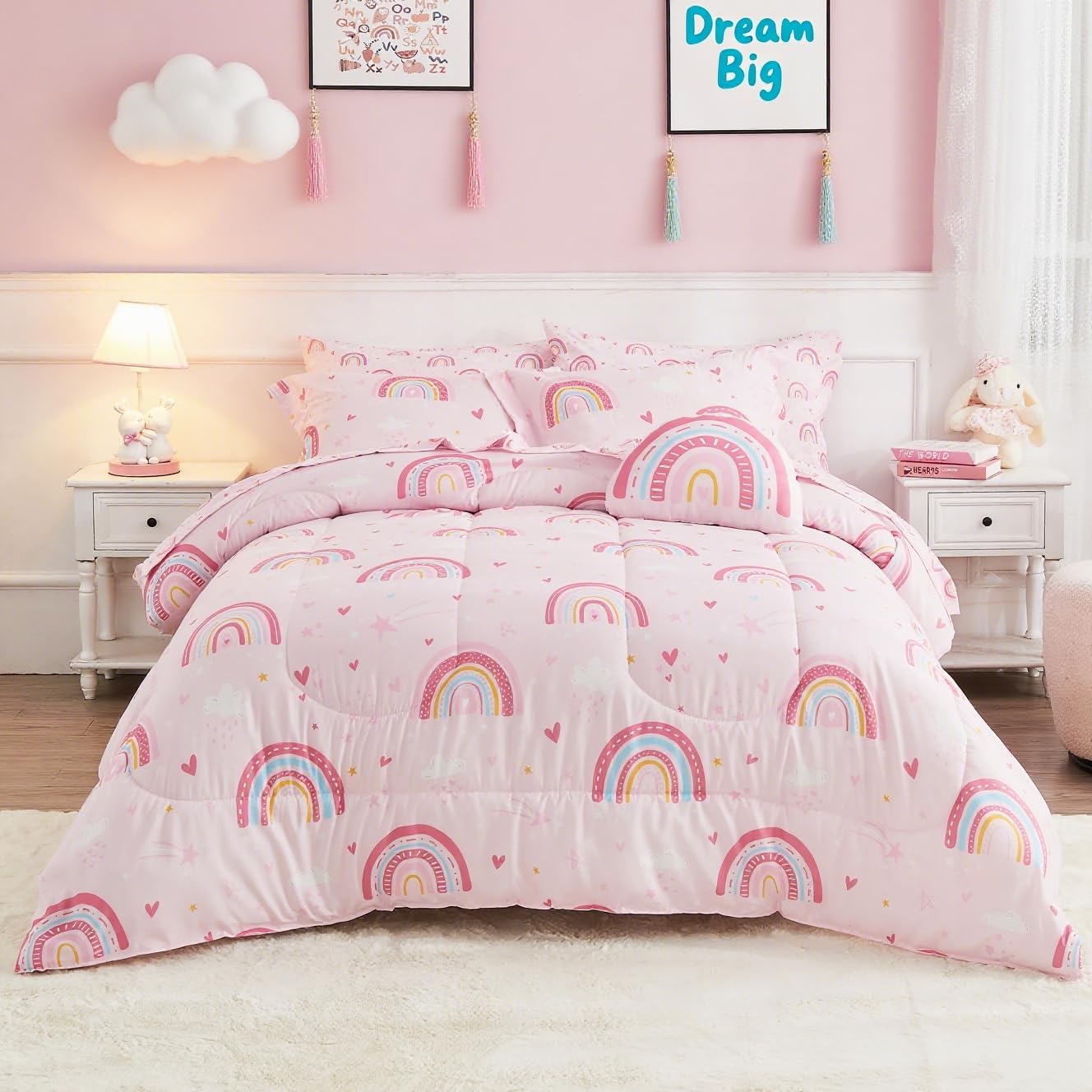 Mooreeke Twin Size Comforter Bed Set for Kids with Rainbow Design