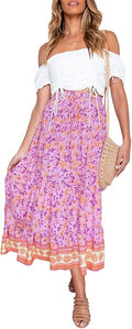 Boho Floral Print High Waist Pleated A-Line Midi Skirt - Comfortable